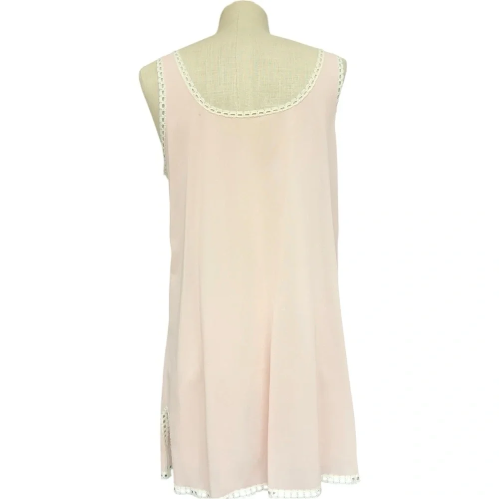 Vintage Blush Pink Sheer Slip Dress Lace Trim Sleeveless Size Large Babydoll